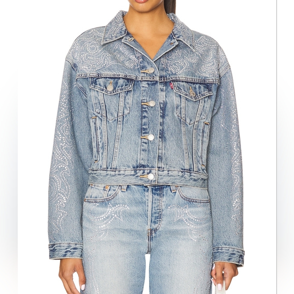 Beyoncé X Levi’s® Shrunken '90s Trucker Jacket Western Crystal Dark Blue Bnwt - Picture 4 of 16